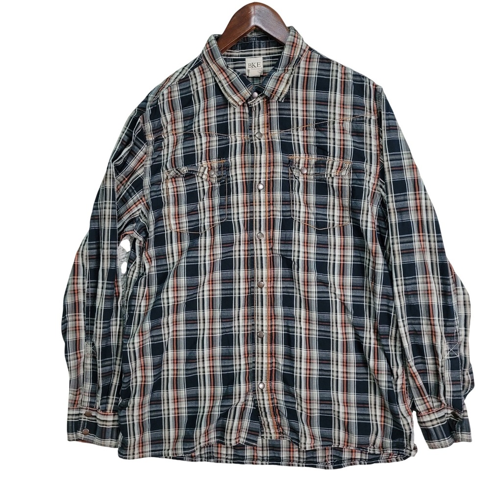 BKE Buckle Shirt Men's XL Brown Plaid Western Pearl Snap Long Sleeve Contour EUC